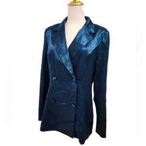 Fashion Nova Satin Blazer Reflective Metallic Blue Casual Club Jacket Size M